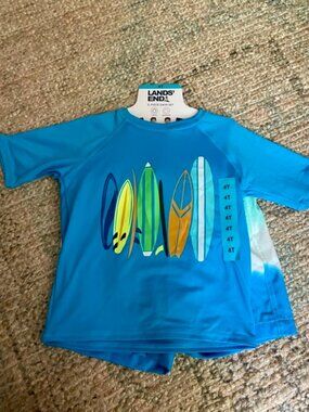 Lands' End 2 piece 4T Swim Set Trunks and Blue Short Sleeved Rash guard NEW